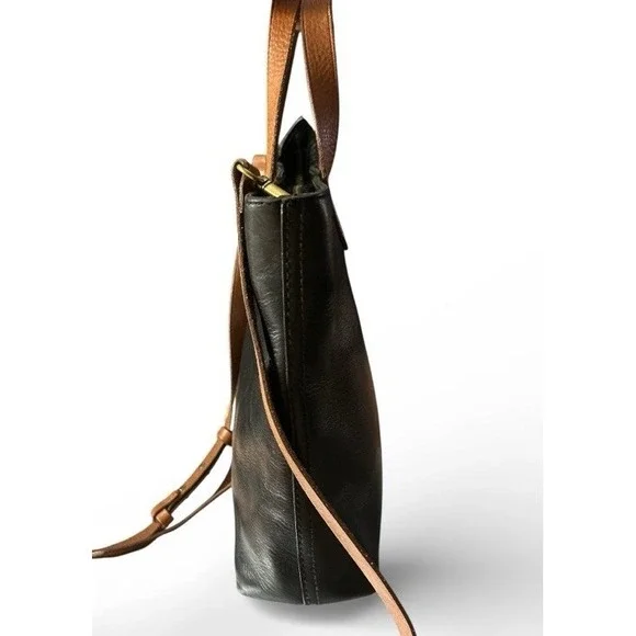 Madewell Black Tan Leather Zip Top Transit Tote Crossbody Top Handle Bag - Picture 5 of 10